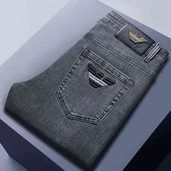 

jeans men's autumn winter medium waist slim straight tube grey elastic embroidery brand goods, Blue