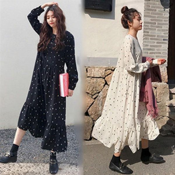 

plus size 2020 spring summer european style brand cothing loose long sleeve women dresses print dot linen vestidos o-neck robe1, Black;gray