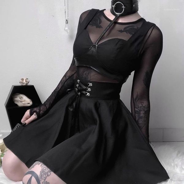 

goth dark vintage high-waist gothic skirts women harajuku pleated punk grunge autumn 2020 bandage rivot female skirt fashion1, Black
