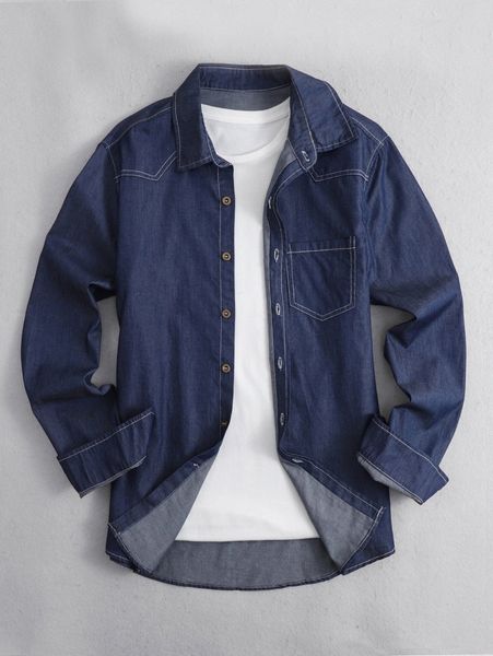 

men stitching patched pocket denim shirt without tee t4ri#, Blue