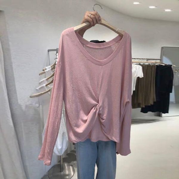 

korean loose and versatile lazy style long coat t-shirt sleeve drawstring v-neck thin long sleeve t-shirt net red design sunscreen f, White