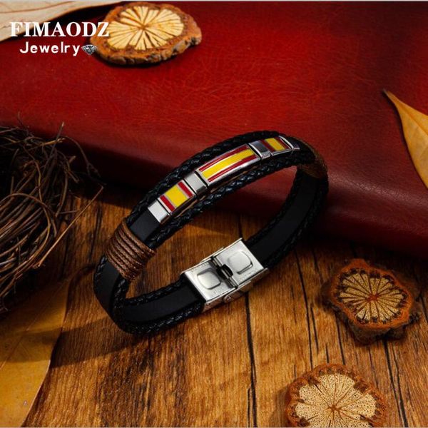 

fimaodz spain flag bracelet men black leather retro stainless steel bracelets fashion jewelry for friend gift, Golden;silver