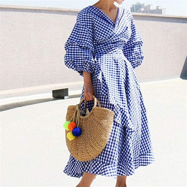 

zawfl autumn plaid long women patchwork korean lantern sleeve office ladies wear elegant drawstring pleated dress c1024, Black;pink