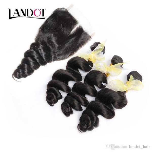 

3 bundles indian loose wave virgin human hair weaves with closure unprocessed indian loose deep curly hair and lace closure middle part, Black