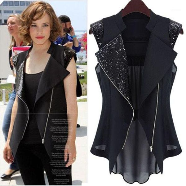 

super fashion sequined patchwork women vest, trending turn-down collar zipper chiffon vest1, Black;white