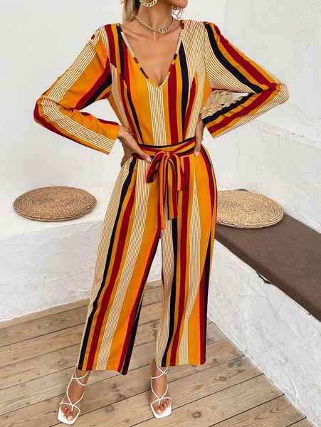 

striped print belted jumpsuit k4h3#, White