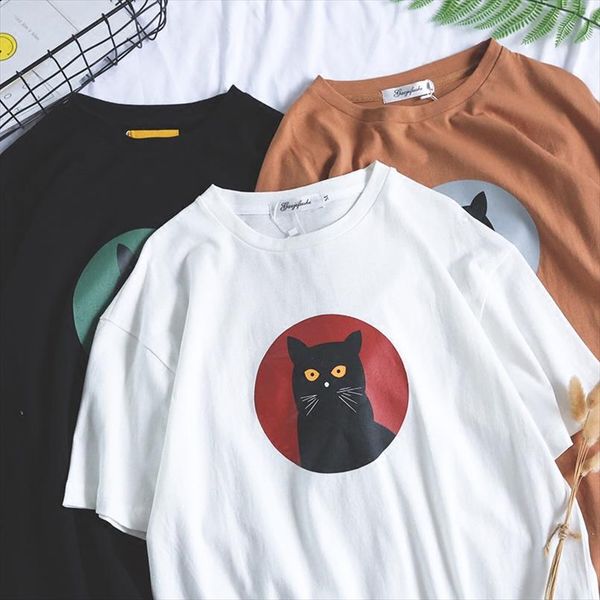 

японский harajuku cat мультфильм хлопок cute женский майка мода лето бф пара большого размера случайные женщины с короткими рукавами майка, White