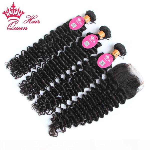 

dhl indian virgin hair lace closure with 3pcs hair bundles 100% unprocessed human virgin hair extension deep wave, Black