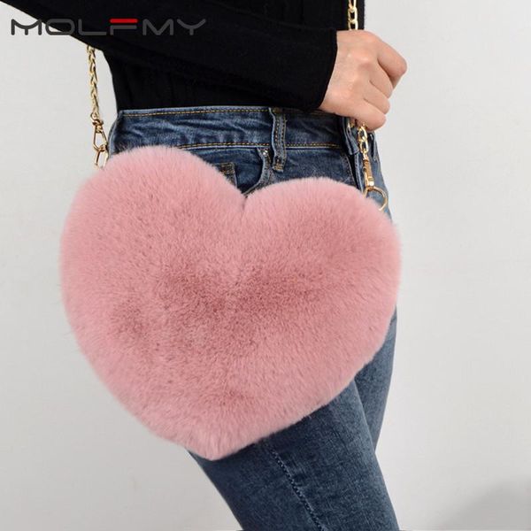 

2020 winter faux fur heart bag for women lady handbag shoulder bag kawaii girls big love messenger crossbody bolso