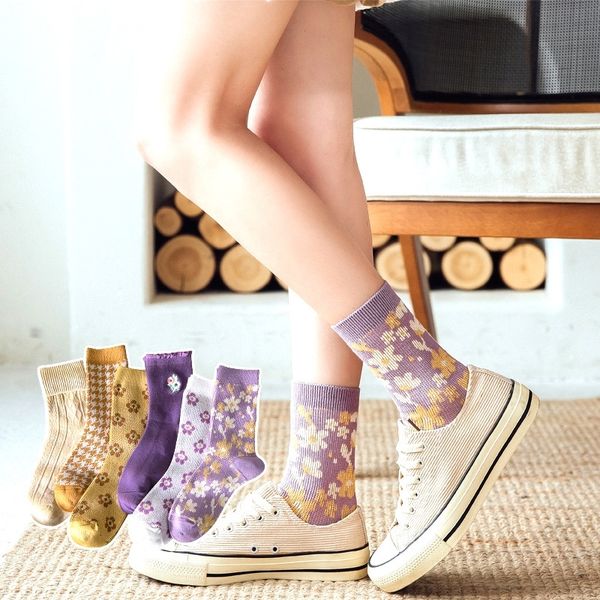 Yeni Gelenler Çoraplar Kadın Pamuk Çiçek Ve Izgara Sonbahar Kış Sıcak Mürettebat Çorap 3 Çift / Paket 201109