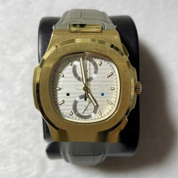 

designer watches special offer 40.5mm 5990/1a-001 quartz chronograph mens 5990 sport watch white texture dial 18k yellow gold case gray, Slivery;brown