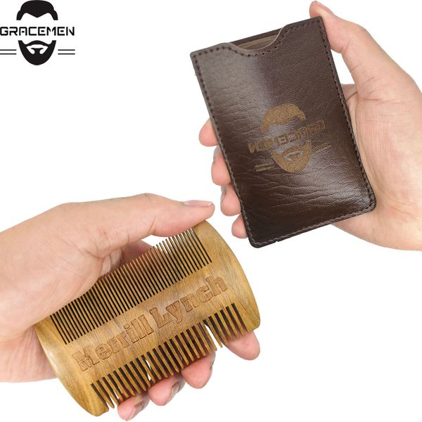 MOQ 100 шт. Пользовательские логотипы волосы COMBS Premium Handmade Green Sandalwood Wood широкий тонкий зуб деревянный гребень для бороды усы с PU