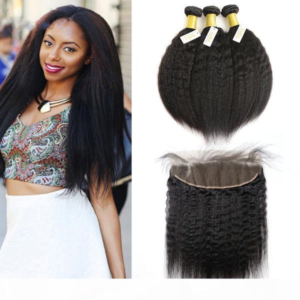 

mongolian 13x4 lace frontal with 3 bundles kinky straight pre plucked lace frontal with 3 bundles human hair extensions, Black;brown