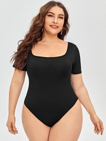 

plus scoop neck solid bodysuit 23w9#, Black