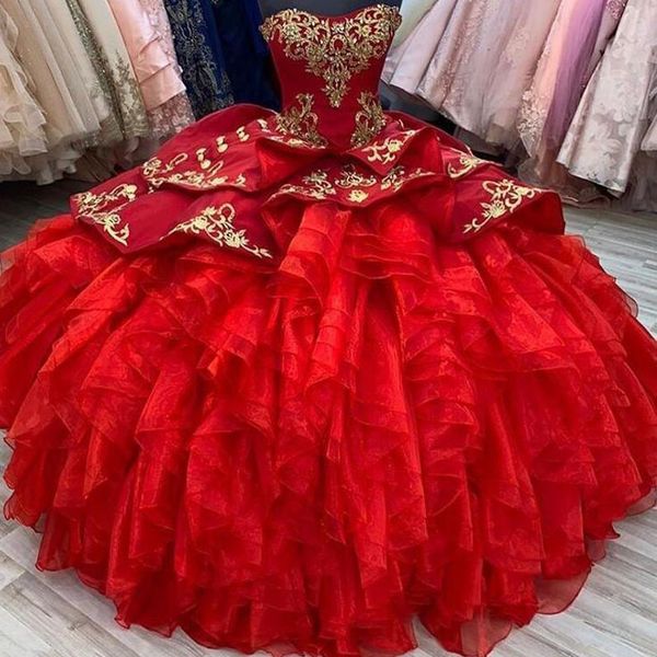 

red quinceanera dresses ruffles 2021 gold embroidered beads crystal strapless corset back organza ball gowns layers sweet 16 dress mexican, Blue;red