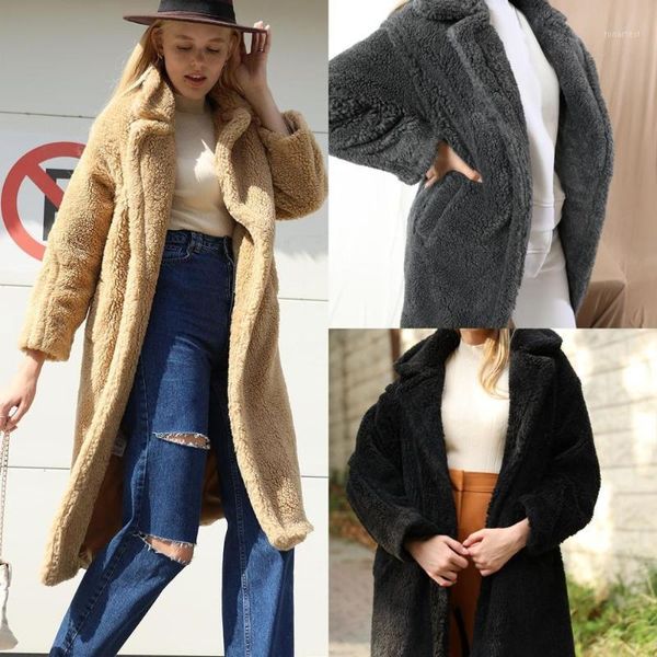 

teddy coat winter women plush faux fur coat luxury long fur loose lapel overcoat oversize thick warm plus size1, Black