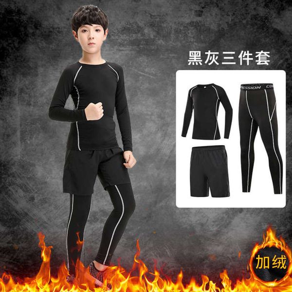 

basketball plush children's tights training men's football fitness suit autumn winter bottoming quick drying pants, Gray