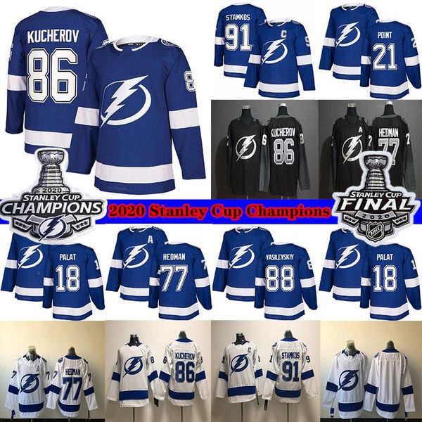 

tampa bay lightning 2020 stanley cup champions 86 nikita kucherov 77 victor hedman 91 stamkos 21 brayden point 18 palat hockey jerseys, Black;red