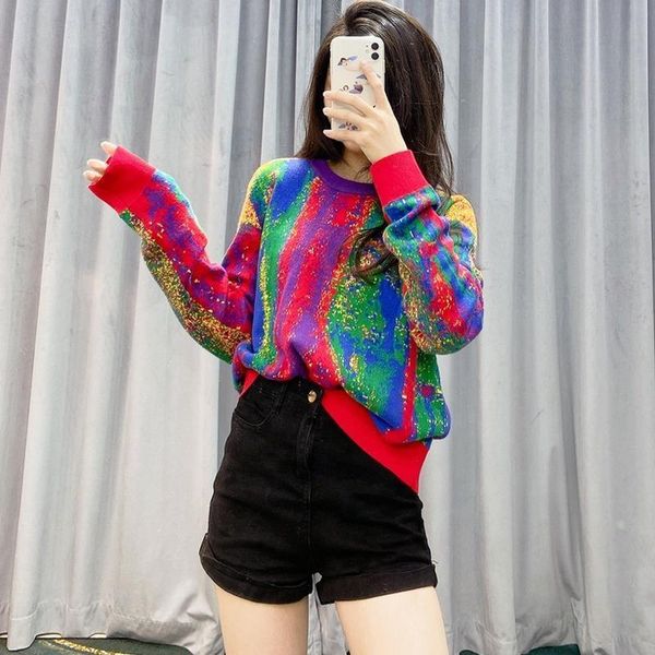

pullover women sweaters loose christmas sweater rainbow color knit sweater plus size women clothing drop shipping, White;black