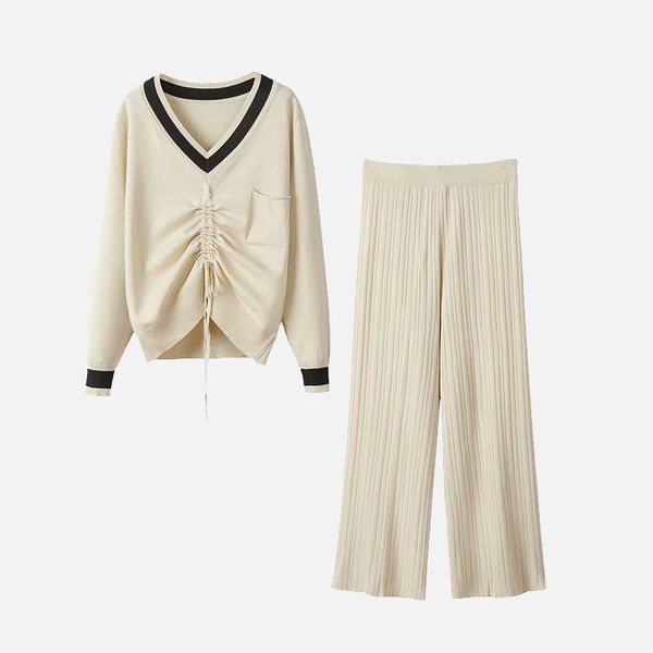 

autumn knitted 2 piece set women long sleeve v-neck drawstring sweater elastic waist wide leg pant sets autumn winter lady suits1, Gray