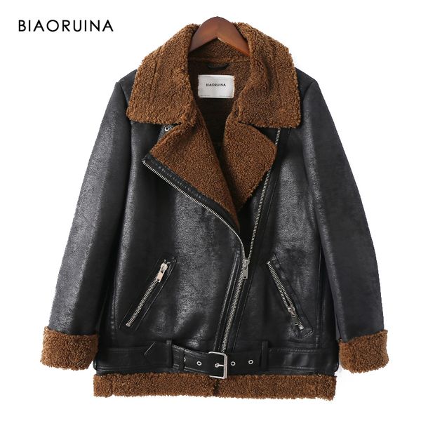 

biaoruina women's moto&biker style black suede patchwork lamb liner thick keep warm jacket coat turn-down collar with belt 201026, Black;brown