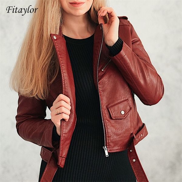 

fitaylor spring autumn women faux soft leather jacket long sleeve pink biker coat zipper design motorcycle pu red jacket 201226, Black