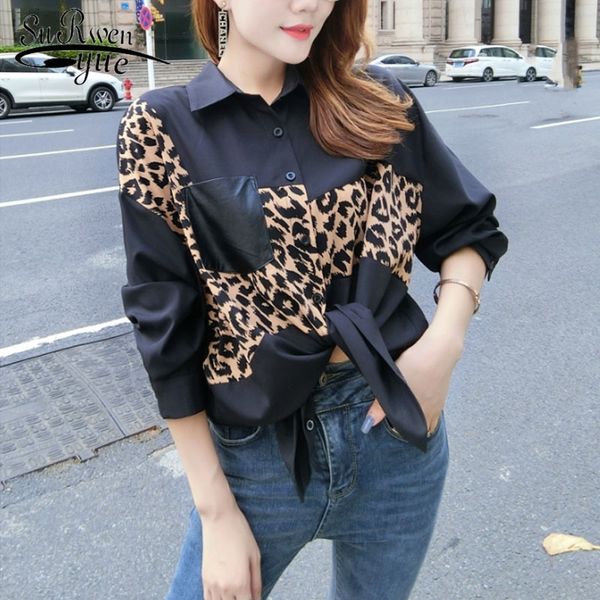 

autumn fashion women shirts casual turn-down collar spliced women long sleeve leopard women blouses 6139 50 y200828, White