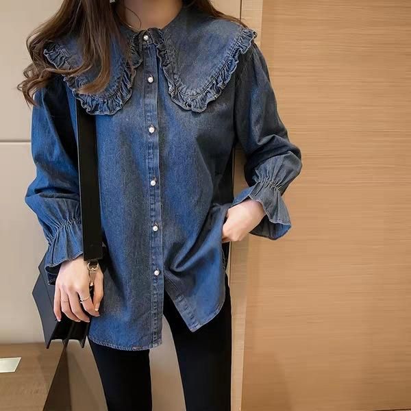 

women denim shirts sweet fashion button-up ruffled denim blouses vintage collar long sleeve female shirts chic, White