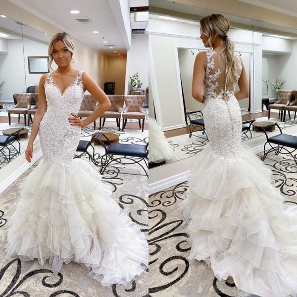 

gorgeous v neck sleeveless mermaid wedding dresses plus size cascading ruffles lace bridal gowns robes de mariée vestido de novia, White