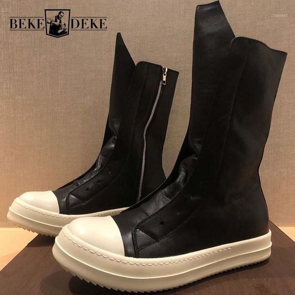 

high mid calf mens genuine leather boots korean thick bottom round toe zipper cowhide casual platform boots plus size1, Black