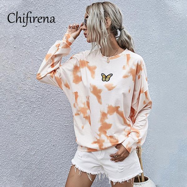 

chifirena casual tie dye o neck sweatshirt women 2020 autumn long sleeve orange hoodies streetwear loose hoody pullovers hooded, Black