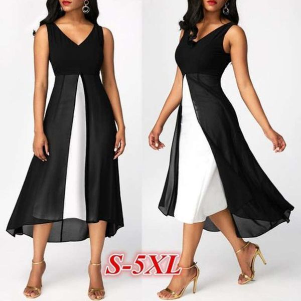 

2019 new v-neck sleeveless stitching chiffon dress, Black;gray