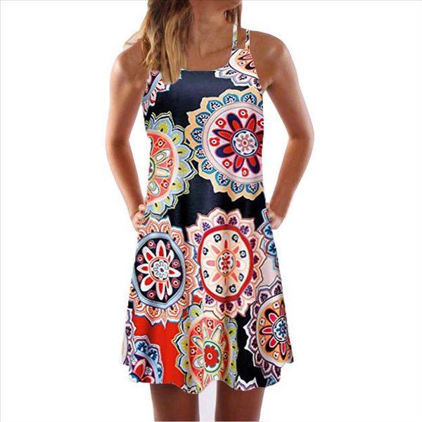 

summer dress for women 2021 vintage boho summer sleeveless beach printed short mini dress vestidos femme robe 38, Black;gray