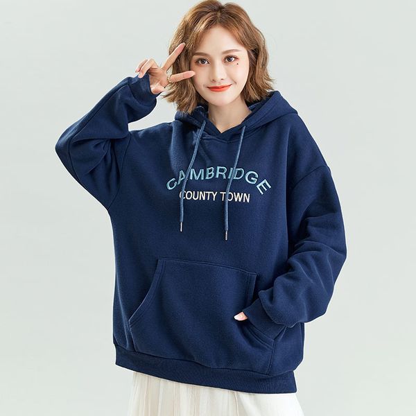

sweater women's korean version plush thickened navy embroidery 2020 new loose and versatile hooded jacket foreign style, Black
