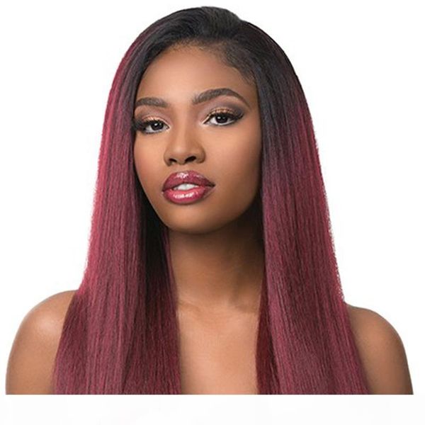 

ombre redwine lace front human hair wigs t1b 99j# brazilian straight 13x4 human hair lace wig for black women 150% density soku, Black;brown