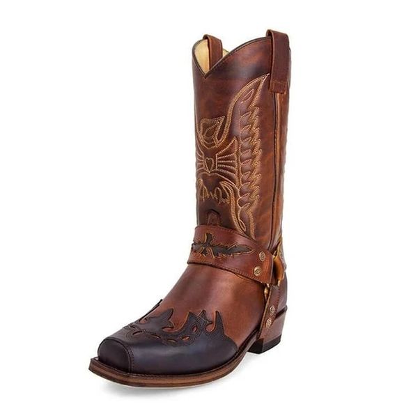 

boots autumn winter women boot fashion vintage long causal embroidery pu leather med heel west cowboy style, Black