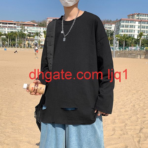 

yemi fashion | hole t-shirt men's fashion brand ins loose long fashion long sleeve student's bottom coat in autumn and winter, White;black