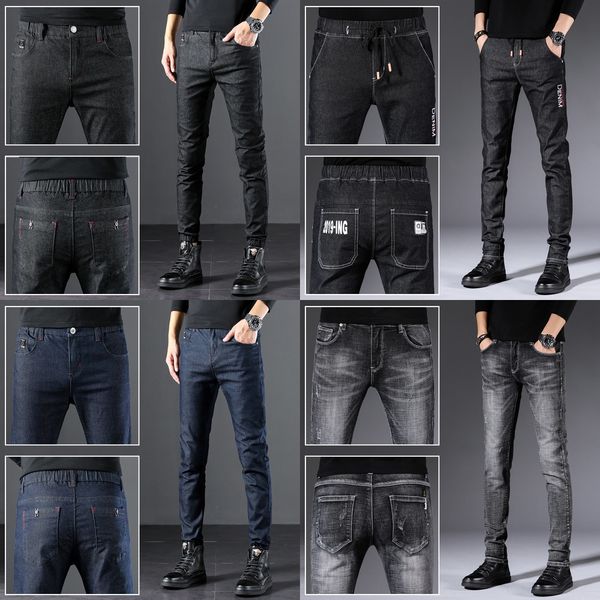 

spirit boy new autumn winter 2020 men's slim tight pants jeans and jeansfit korean embroidered black jeans leggings men b5j37, Blue