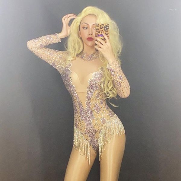 

perspective full diamond tassel rhinestone chain bodysuit nightclub bar female singer stage clothes rave outfit dnv133121, Black;red