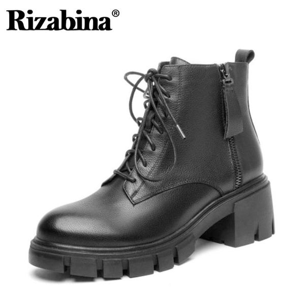 

rizabina real leather women ankle boots cross strap fashion platform high heel winter shoes woman warm zip footwear size 34-39, Black