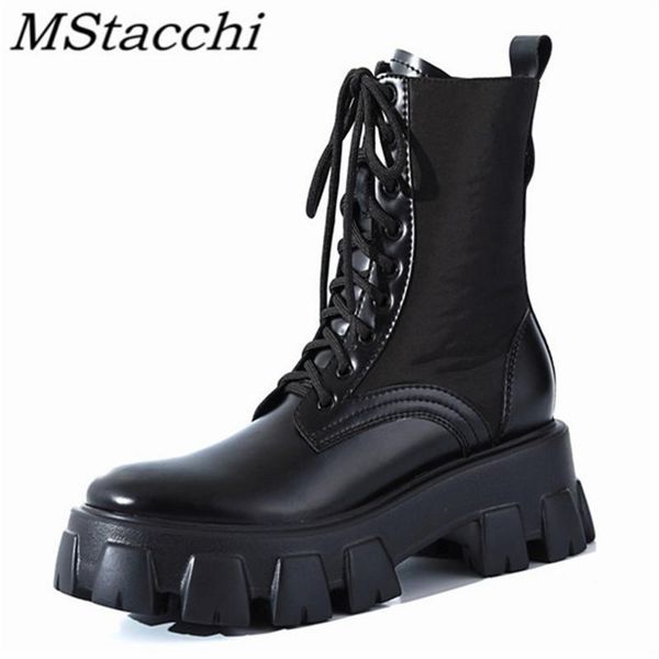 

mstacchi women packet platform cross-tied sewing short boots punk lady patchwork leather belt boots flat round toe ankle, Black