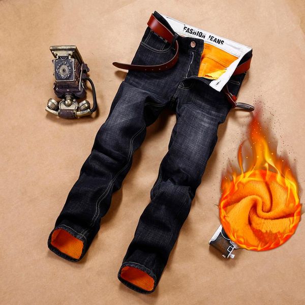 

male brand classic style winter men's warm business jeans fashion casual denim stretch cotton thick fleece denim trousers, Blue