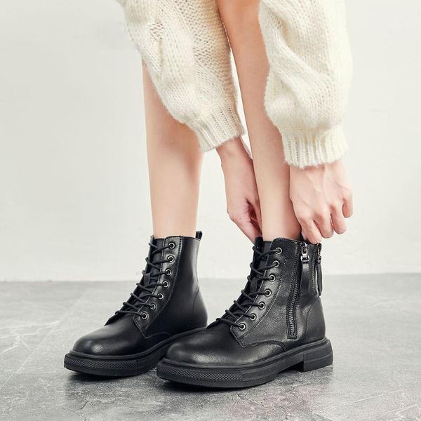 

sondr punky style white ankle boots woman zipper genuine leather round toe flat warm short boots lady shoe po8451, Black