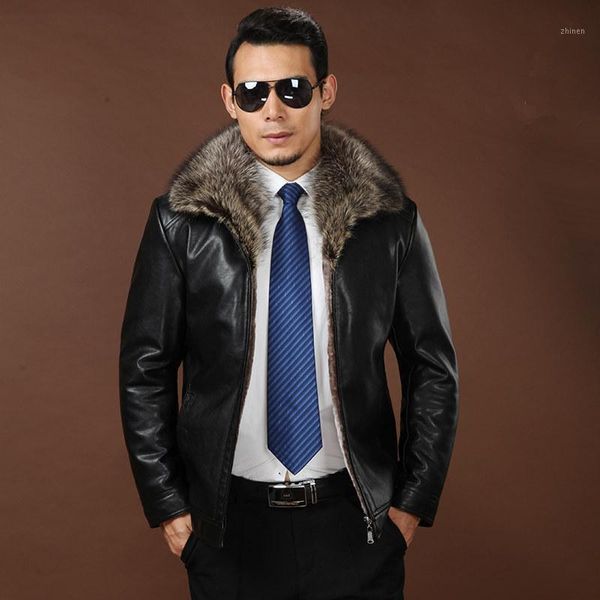 

faux leather jacket men winter mens leather jackets fake sheepskin coat raccoon fur collar coats chaqueta cuero hombre t10601, Black