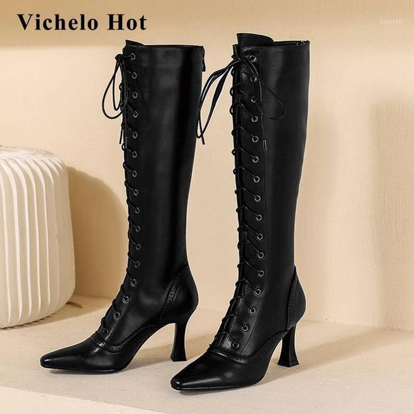

boots vichelo riding natural leather high street fashion carving small square toe thin heel zipper knee-high l111, Black