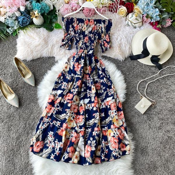 

boho vintage 2021 floral print off shoulder short sleeve dress summer midi long dress party women elegant beach holiday tunic dress, Black;gray