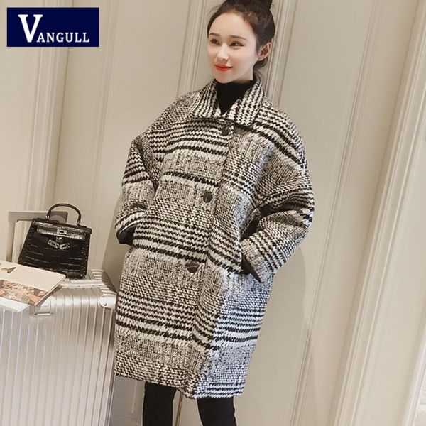 

vangull chic thicken plaid wool winter loose single breasted long women outerwear office lady pocket plus size coat, Tan;black