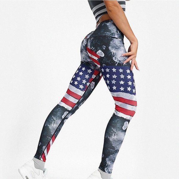 

women's athleisure sports leggings elastic waist print ankle-length pants gym yoga stretchy american flag comfort mid waist slim red s, Black