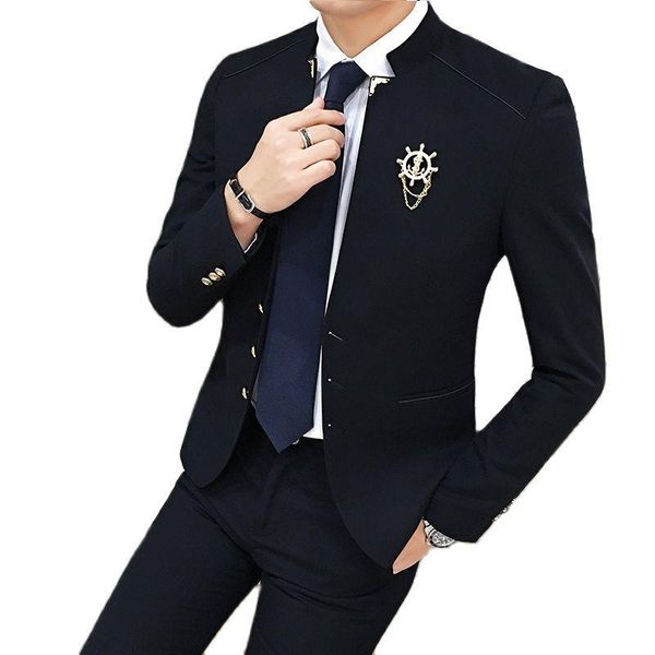 

men's suits & blazers ( jacket + pants ) fashion solid color casual business mens stand collar suit 2pcs ste groom wedding dress chines, White;black