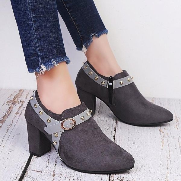 

boots women spring autumn high heels shoes for female rivet buckle daily shoes ladies short boots flock ankle plus size, Black